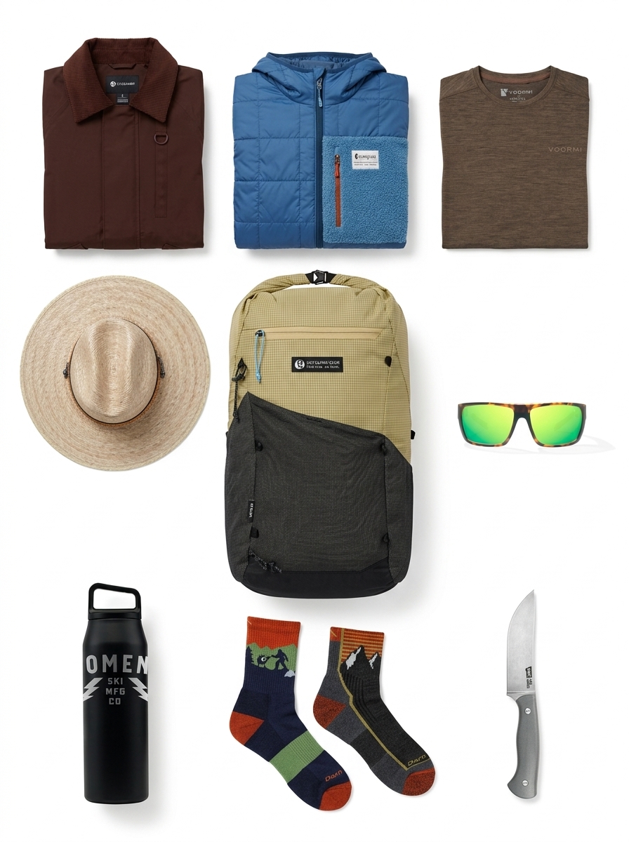 A day hike, Glacier, high summer. kit flat-lay