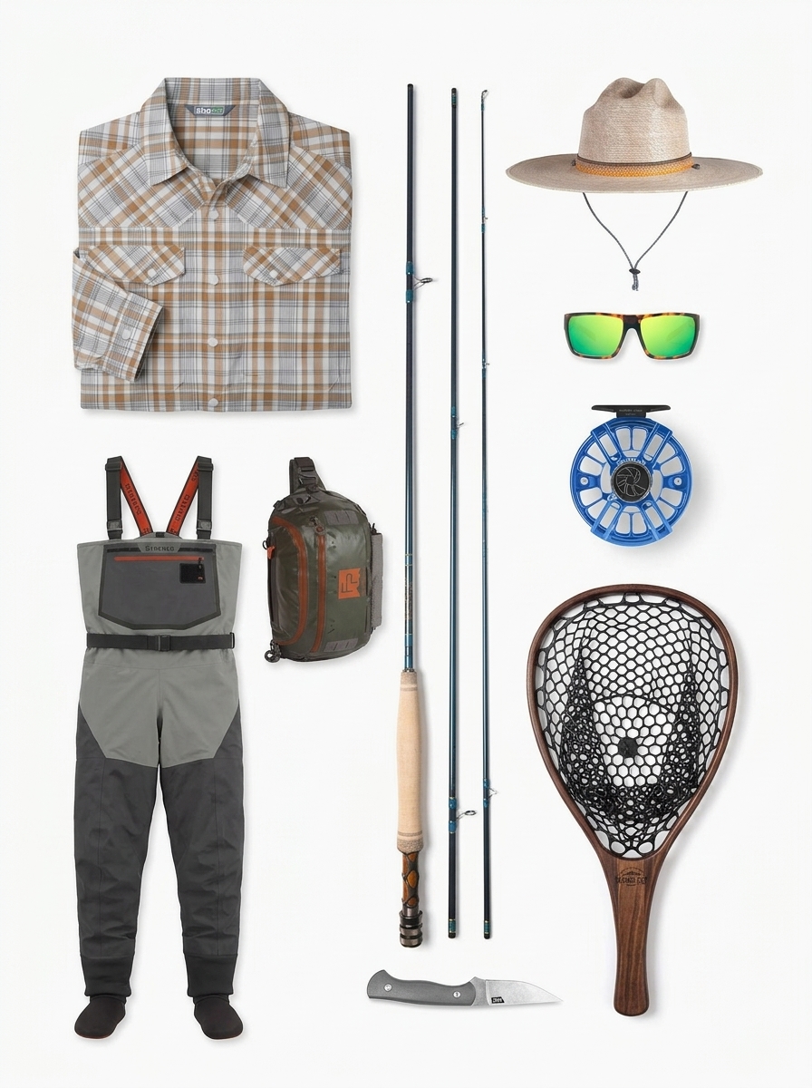 A day on the Madison, caddis hatch. kit flat-lay